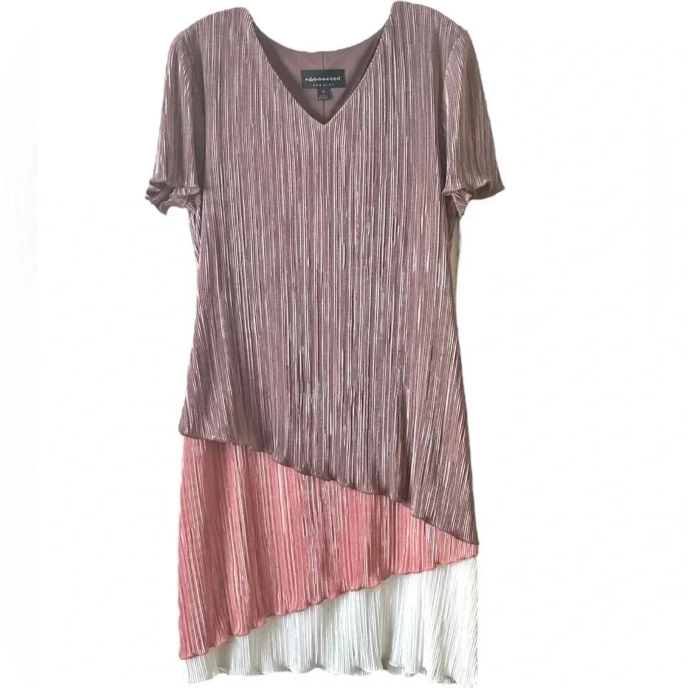 CONNECTED APPAREL Y2K Colorblock Pleated Cascade Short Sleeve Cocktail Dress 12